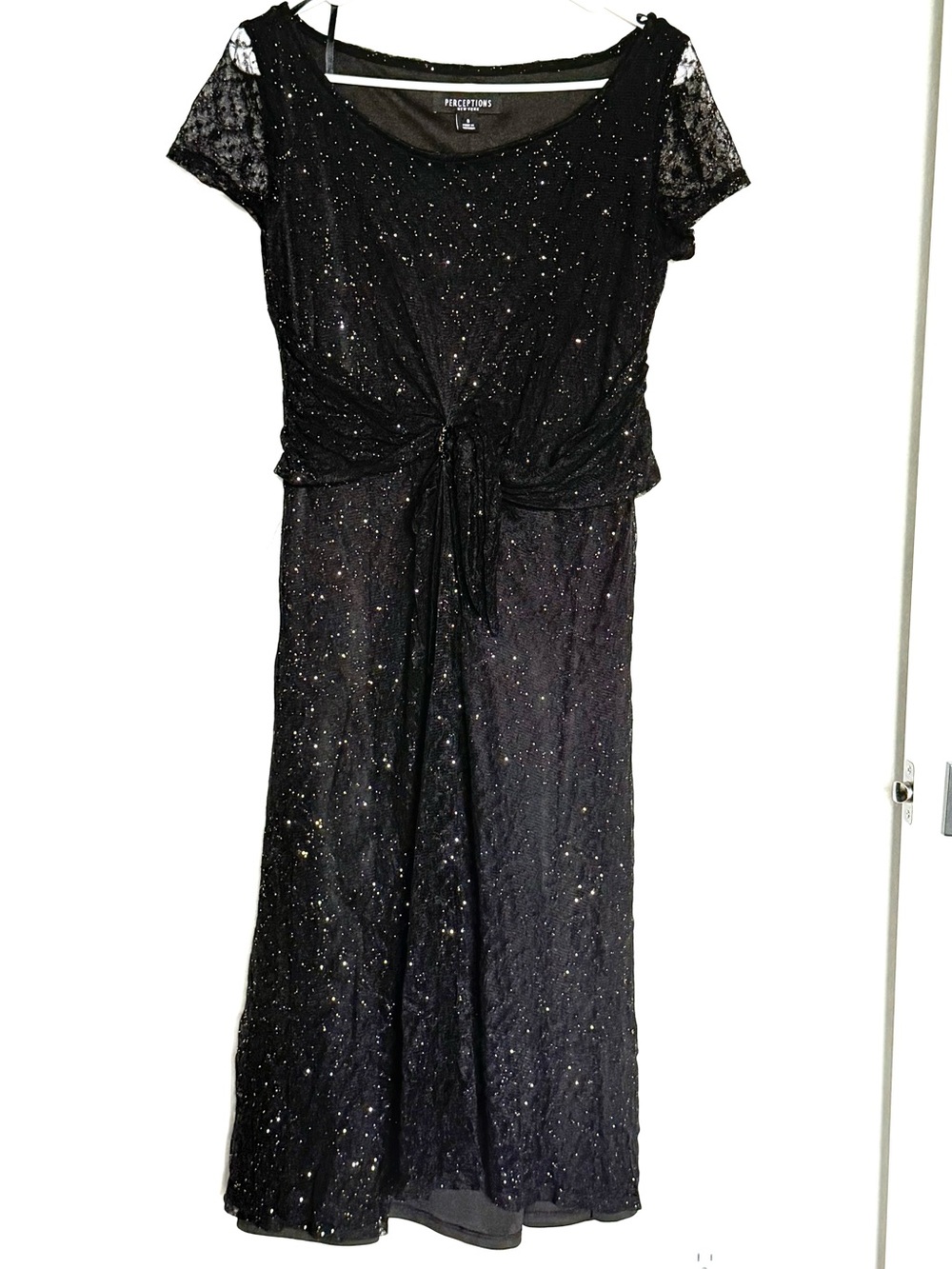 Perceptions Black Sparkle Lace Tie-Waist Midi Dress